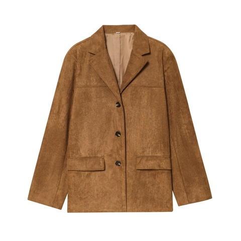 Women Faux Suede Blazer Jacket Long Sleeve Single Breasted Notched Lapel Solid Color Outerwear With Pockets