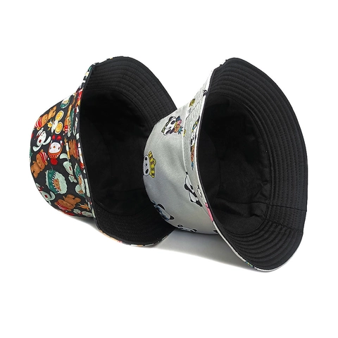 Chapeau Bob Réversible Imprimé Panda Dessin Animé Polyester Protection Solaire Extérieur Pour Hommes Femmes