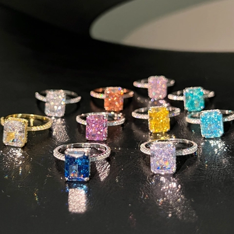 Anillo de Plata de Ley S925 Con Circonia Corte Radiant Rectángulo Geométrico Corte Esmeralda Gema Anillo para Mujer Joyería de Lujo