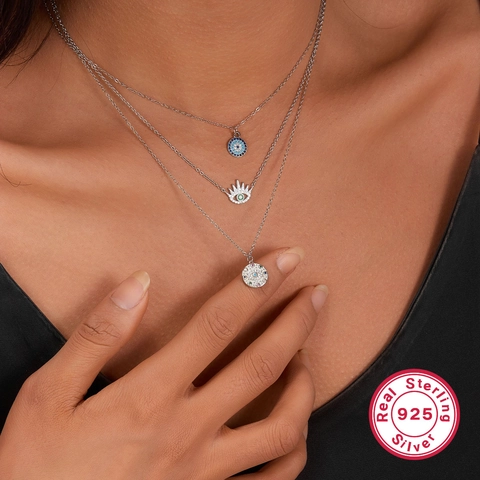 Collana in Argento Sterling 925 Malocchio per Donna Ciondolo Rotondo Strass Intarsiato Gioielli di Moda Choker Catena Regalo