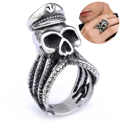 Gothic Skull Captain Ring 316L Stainless Steel Octopus Tentacle Nautical Anchor Jewelry For Men Vintage Punk Style