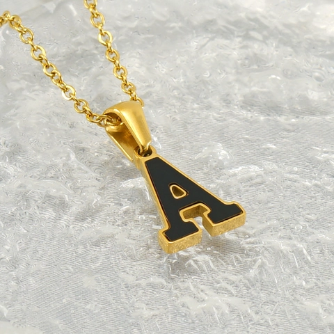 Stainless Steel Initial Letter Pendant Necklace Black Enamel Gold Plated Alphabet Jewelry For Women Fashion Accessory