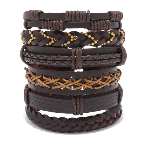 Multi-Layer Gewebte Lederarmbänder Für Herren Rindsleder Wachsseil Legierungsperlen Retro Punk Verstellbar Lässig