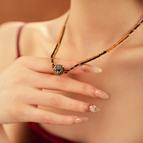 Collier Double Rang En Perles Cuivre Plaqué Or Style Ethnique Rétro Pendentif Émail Chaîne De Clavicule Pour Femme
