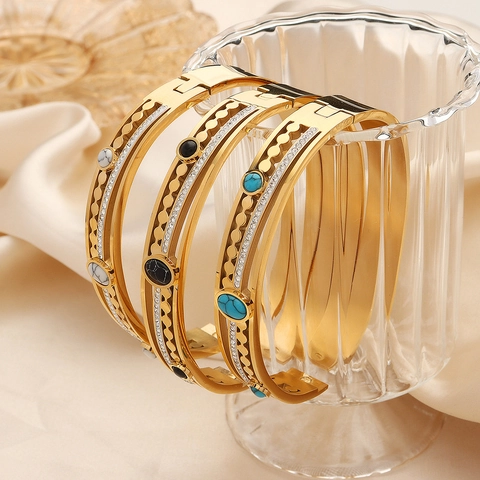 Vintage Palace Style Hollow Titanium Steel Bangle Βραχιόλι Χρυσό Επιμεταλλωμένο Με Ένθετο Τυρκουάζ Στρας Κοσμήματα