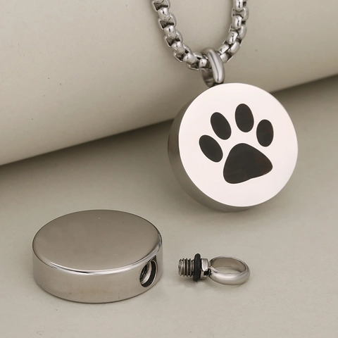 Stainless Steel Cremation Urn Pendant Necklace Round Openable Memorial Pet Paw Print Keepsake Jewelry For Ashes