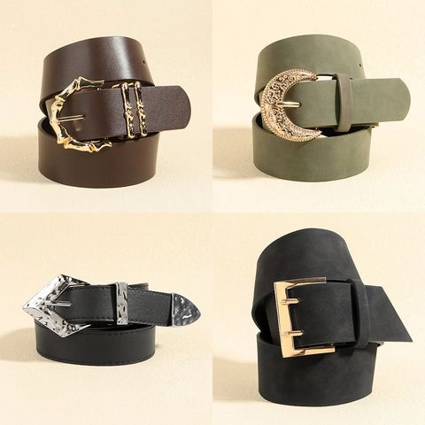Cintura da Donna in Pelle PU Fashion Occidentale Con Fibbia ad Ardiglione in Lega Fori a Doppia Fila Design Geometrico Vintage