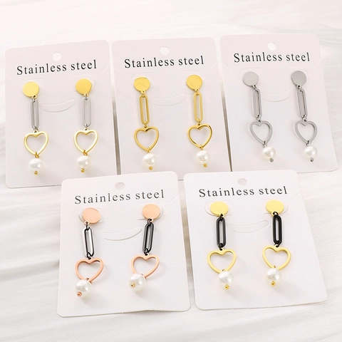 Pendientes De Gota Con Perla Artificial De Concha En Forma De Corazón Acero Inoxidable Joyería Geométrica Para Mujer