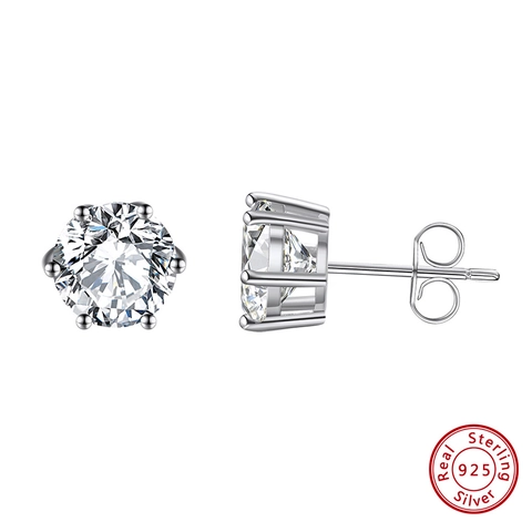 Round Zircon Stud Earrings With 925 Sterling Silver Earring Post Prong Set Classic Solitaire Fashion For Women