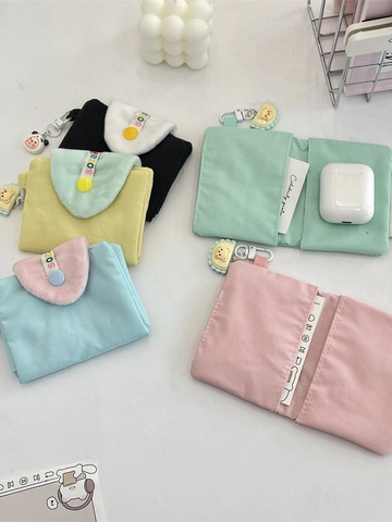 Cute Mini Polyester Card Holder Coin Purse With Plush Flap Contrast Color Snap Button Bear Pendant Women Students Jewelry