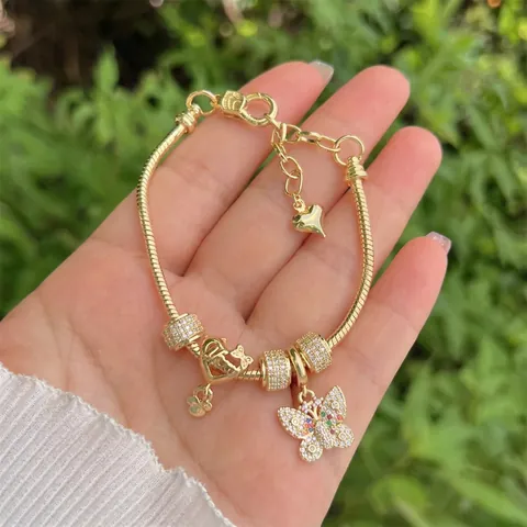 Gold Plated Copper Charm Bracelet Cubic Zirconia Heart Butterfly Airplane Travel Jewelry For Women