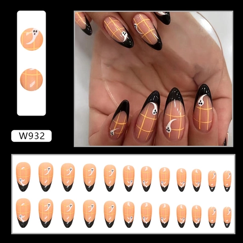 Halloween Press On Nails Almond Shape Black French Tips Orange Grid White Ghost Patterns Resin Artificial False Nails For Women