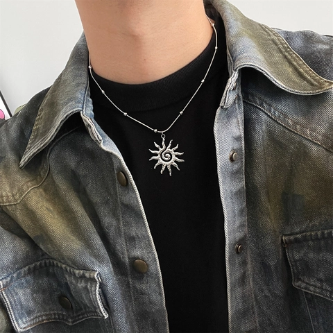 Sun Pendant Necklace Copper Spiral Round Hollow Sunburst Ray Bead Snake Chain Jewelry Women