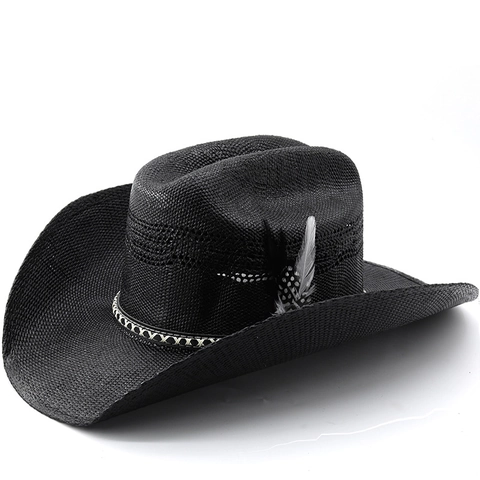 Cowboy Hat Straw Wide Brim Breathable Sun Protection Western Style Feather Decoration For Men Women Summer Beach Party