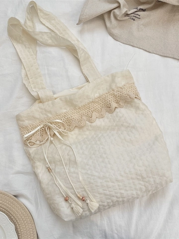 Große Kapazität Tragetasche Polyester Blasenstruktur Spitze Bogen Quaste Schulterhandtasche Für Frauen Alltag