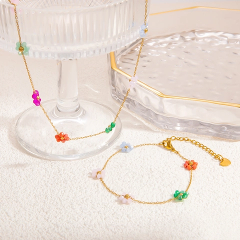 18K Gold Plated Stainless Steel Floral Necklace Bracelet Jewelry Colorful Acrylic Bead Flower Chain For Women Girl Accessory