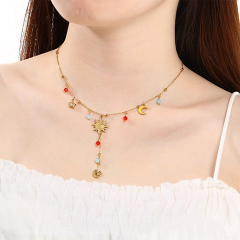 Stainless Steel Layered Necklace Heart Moon Star Cherry Pendant Clavicle Chain For Women Bohemian Jewelry Boho Accessories