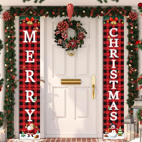 Kerst Veranda Banners Buffalo Plaid Polyester Vrolijk Kerstfeest Bord Voor Buiten Voordeur Decoratie Kerstman Sneeuwpop