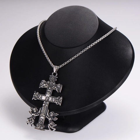 Collar Con Colgante De Cruz De Relieve De Ángel Religioso Retro Acero Inoxidable 304 Estilo Hip Hop Joyería Hombre