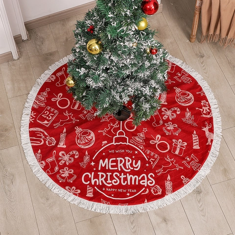 Weihnachtsbaumdecke Roter Stoff Mit Weißen Quasten Merry Christmas Bedruckt Weihnachtsbaum Basis Ornament Deko