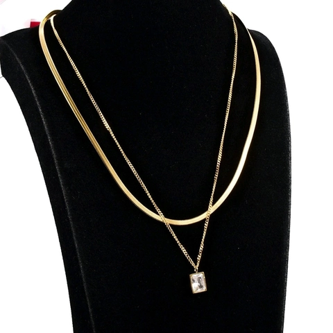 Layered Gold Plated Stainless Steel Necklace For Women Vintage French Square Cubic Zirconia Pendant Double Chain