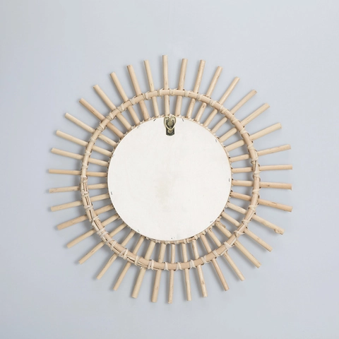 Handmade Rattan Woven Decorative Wall Mirror Sunburst Sunflower Round Wood Frame Bohemian Style Home Decor Ornament