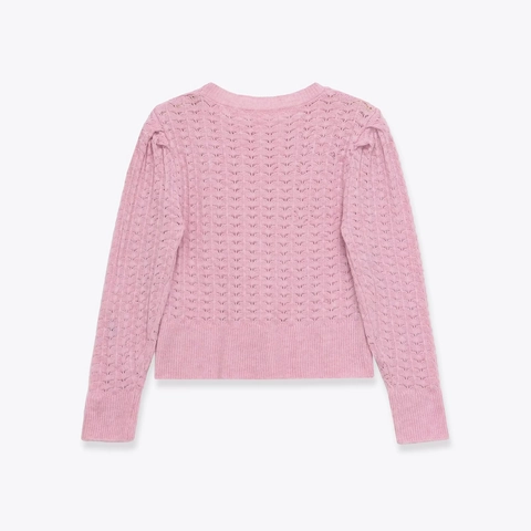 Pull Tricoté Rose Pour Femmes Acrylique Polyester Motif Ondulé Évidé Col Rond Manches Longues Bouffantes