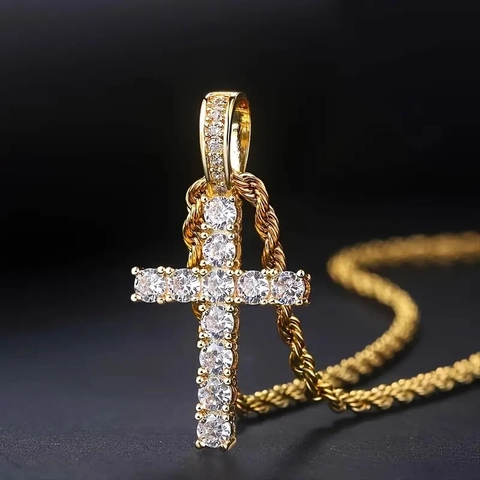 Collana con Pendente a Croce in Lega di Zinco Zirconia Hip Hop per Uomo Donna Catena Cubana a Corda Iced Out Bling Gioielli