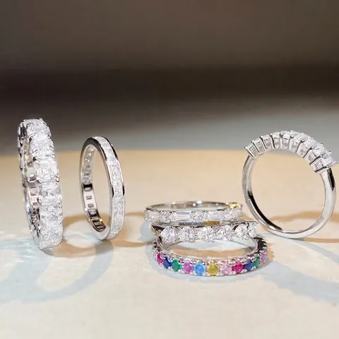 Anillo De Eternidad De Plata De Ley 925 Arcoíris Circonita Cúbica Colorida Corte Esmeralda Cuadrado Simple Para Mujeres