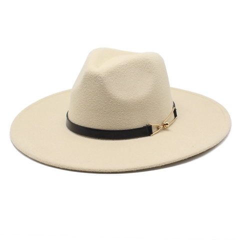 Classic Fedora Hat Wide Flat Brim Wool Felt Jazz Hat With Leather Band Gold Buckle Unisex Elegant Winter