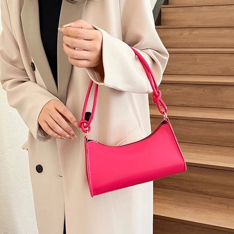 Sac Baguette En Cuir Verni Brillant Pour Femme Sac À Bandoulière Minimaliste Avec Détail De Nœud Sac À Main Chic Rétro