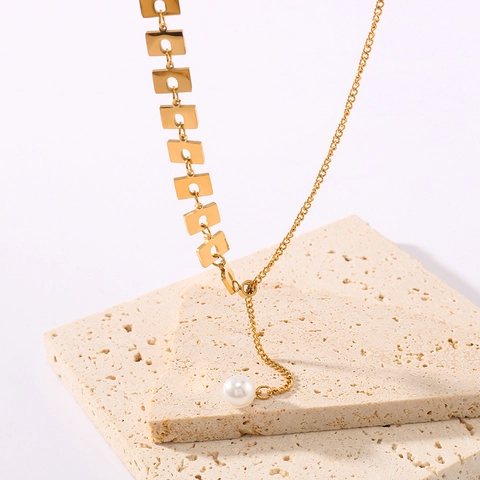 Pendant Necklace 18K Gold Plated Stainless Steel Square Hollow Chain Y-Shape Zircon White Artificial Pearl Jewelry For Women
