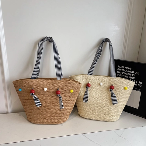 Damen Stroh Webte Tote Bag Große Kapazität Gestreifte Schultergurte Bunte Pompons Strand Urlaub Umhängetasche