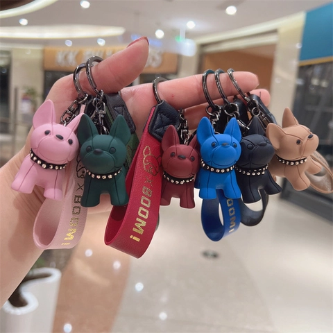 Portachiavi Bulldog Francese Ciondolo Cane In Resina Cartone Animato Con Cinturino In Pelle PU Collare Di Strass Chiusura In Metallo