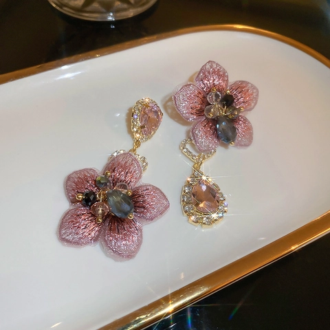 Asymmetrische Blumen Ohrhänger Mit Silber Ohrstecker Stickerei Stoff Strass Quaste Elegante Retro Schmuck Für Frauen