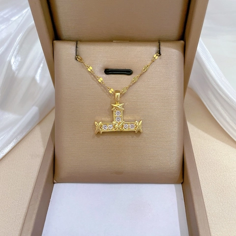 Lussuosa Collana Con Pendente A Croce Catena In Acciaio Inossidabile Con Rame Zircone Strass Intarsiato Oro