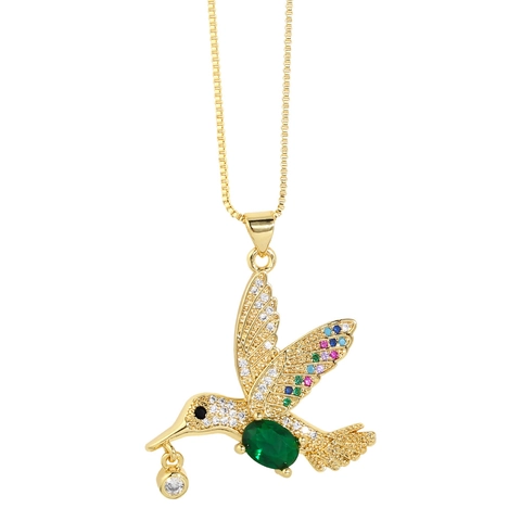 Collana Con Ciondolo A Forma Di Colibrì Rame Placcato Oro Zirconia Cubica Colorata Gemma Ovale Gioielli Moda Donna