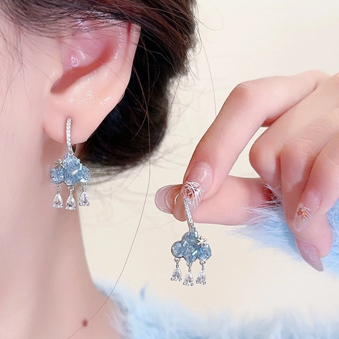 Blue Cloud Teardrop Earrings With 925 Sterling Silver Earring Post French Style Rhinestone Elegant Jewelry For Women