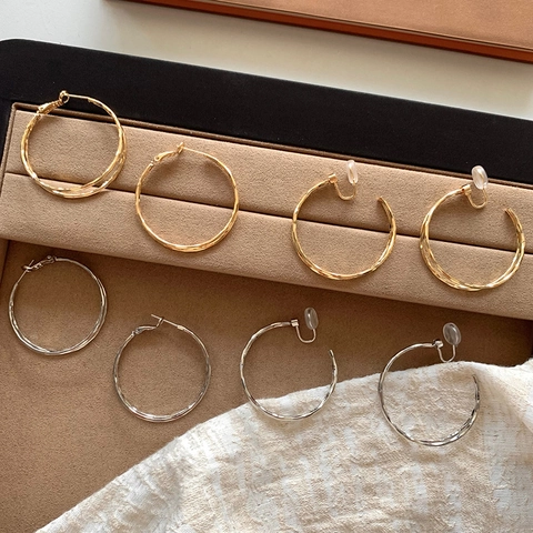 Minimalist Geometric Twisted Double Layer Hoop Earrings For Women Copper Alloy Clip On No Pierced Ear Jewelry