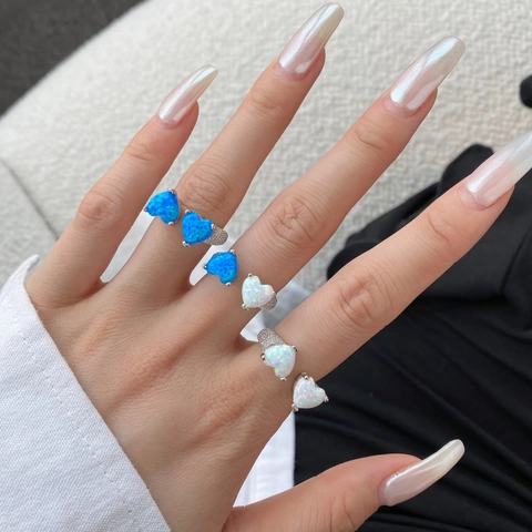 Doppelherz Ring 925 Sterling Silber Synthetischer Opal Verstellbar Offen Zirkonia Mikro Pave Vintage Mode Schmuck Für Damen