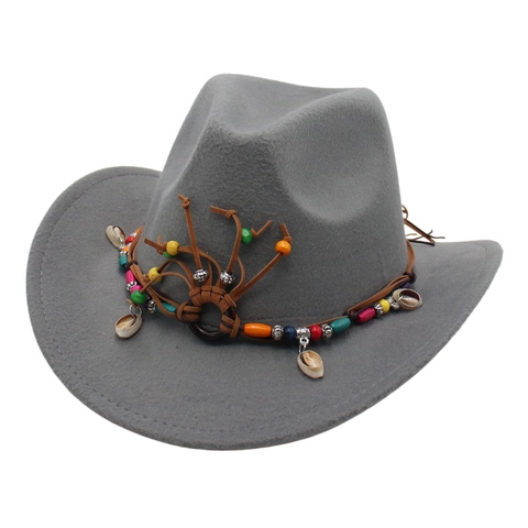 Cappello Fedora da Donna Western Cowboy in Poliestere Stile Etnico a Tesa Larga Cappello Curvo Con Perline Colorate Conchiglie