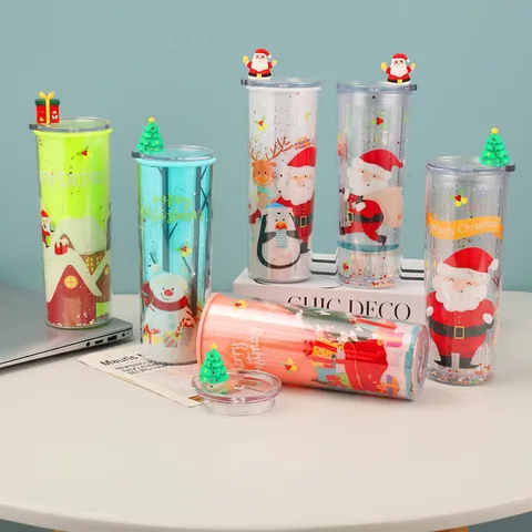 Christmas Straw Cup Double Layer Plastic Tumbler Cartoon Santa Snowman Glitter Water Mug Office Gift Novelty