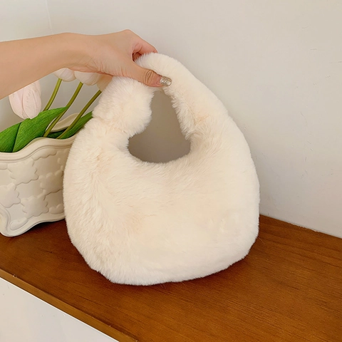 Sac À Main En Peluche Pour Femme Fausse Fourrure Douce Sac Sous L'Aisselle Forme De Boulette Demi-Lune Sac À Bandoulière