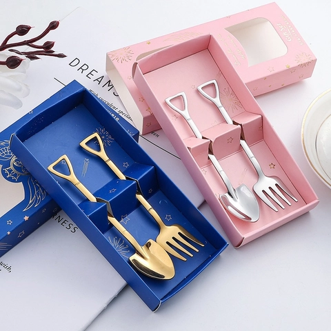 Cuillère Et Fourchette Créatives En Forme De Pelle En Acier Inoxydable Pour Dessert Gâteau Glace Café Couverts Colorés Cadeau