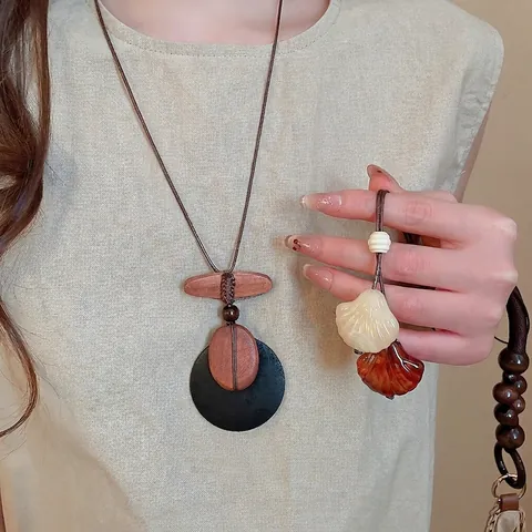 Collana Lunga Etnica Vintage Perline Legno Resina Geometrica Pendente Conchiglia Donna Catena Maglione