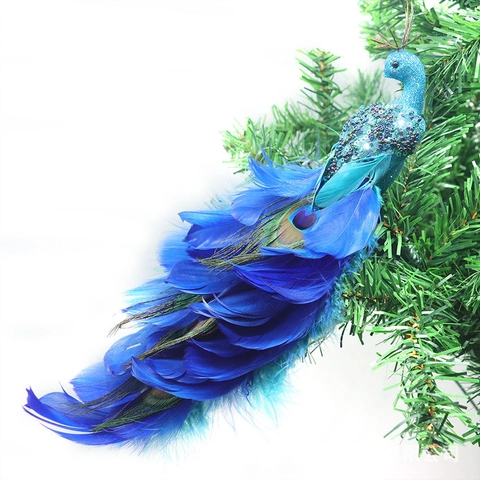 Ornamenti Appesi Per Albero Di Natale Pavone Blu Piuma Di Simulazione Paillettes Decorazione Festiva Artigianale