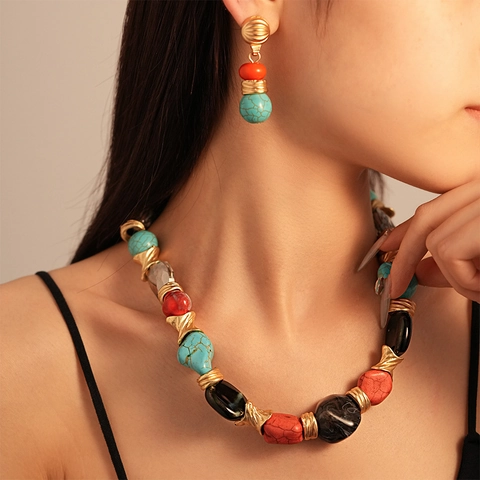 Conjunto Collar Y Pendientes Bohemio Vintage Étnico Geométrico Turquesa Sintética Aleación Joyería Con Pasador De Plata Mujeres