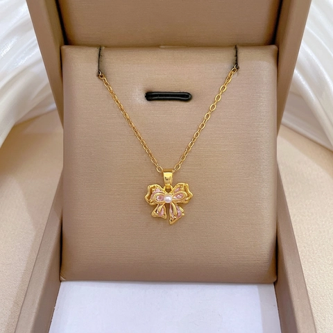 Collana Pendente Oro Acciaio Titanio Rame Zircone Rosa Perla Artificial Fiocco Catena Clavicola Dolce Elegante Gioielli Donne