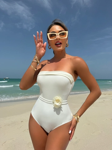 Women Swimsuit Strapless Halter Neck Dimensional Rose Flower Decor Backless Beachwear Vacation Elegant Slim Bodysuit