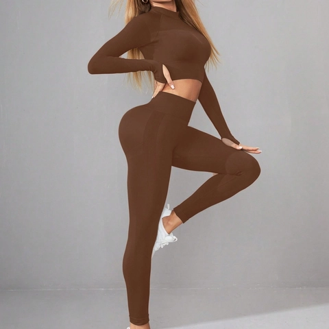 Dames Naadloze Yoga Lange Mouwen Crop Top En Leggings Met Hoge Taille Geribbeld Fitness Sport Gym Wear
